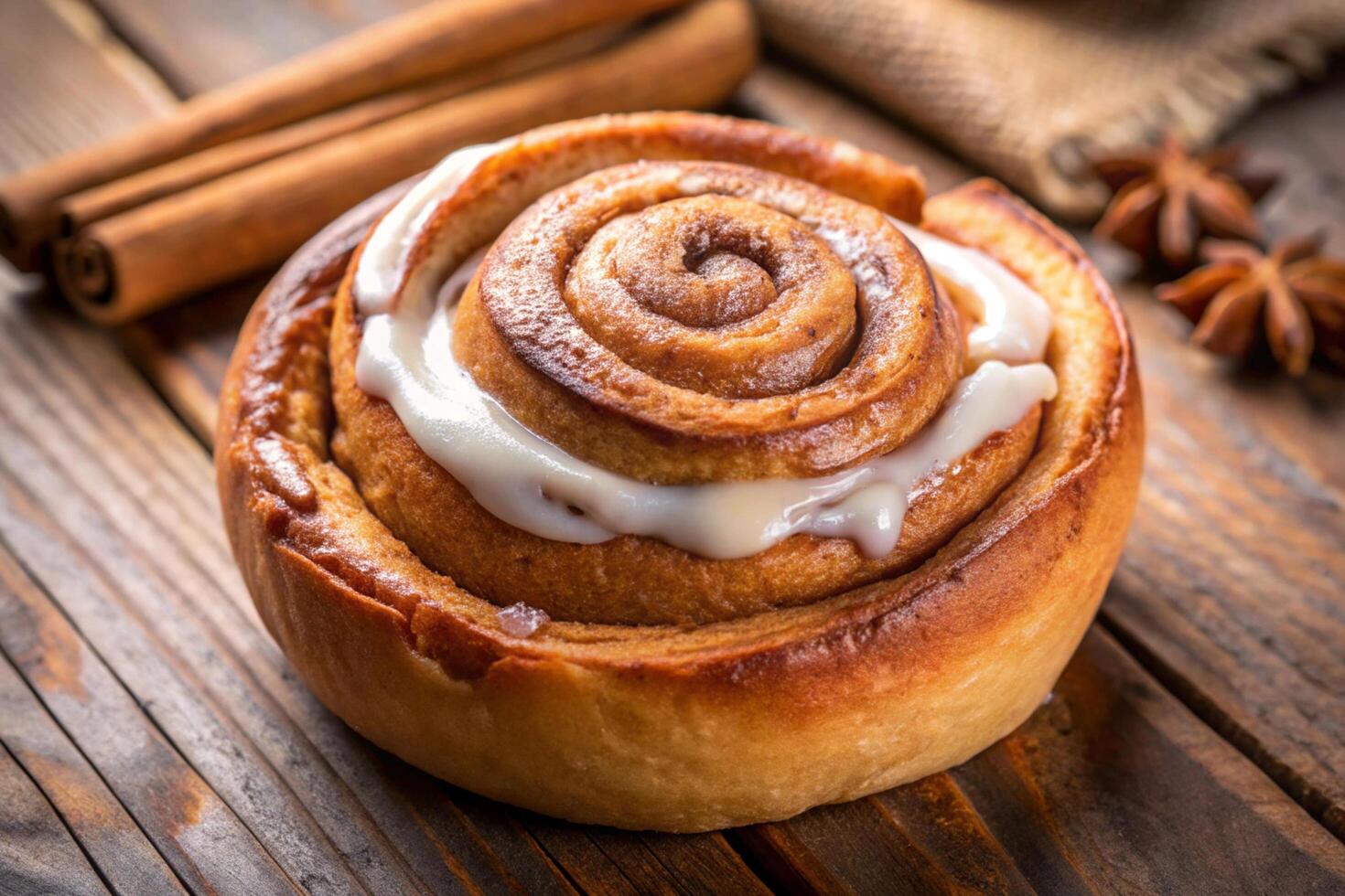 cinnamon roll with icing on a wooden table photo