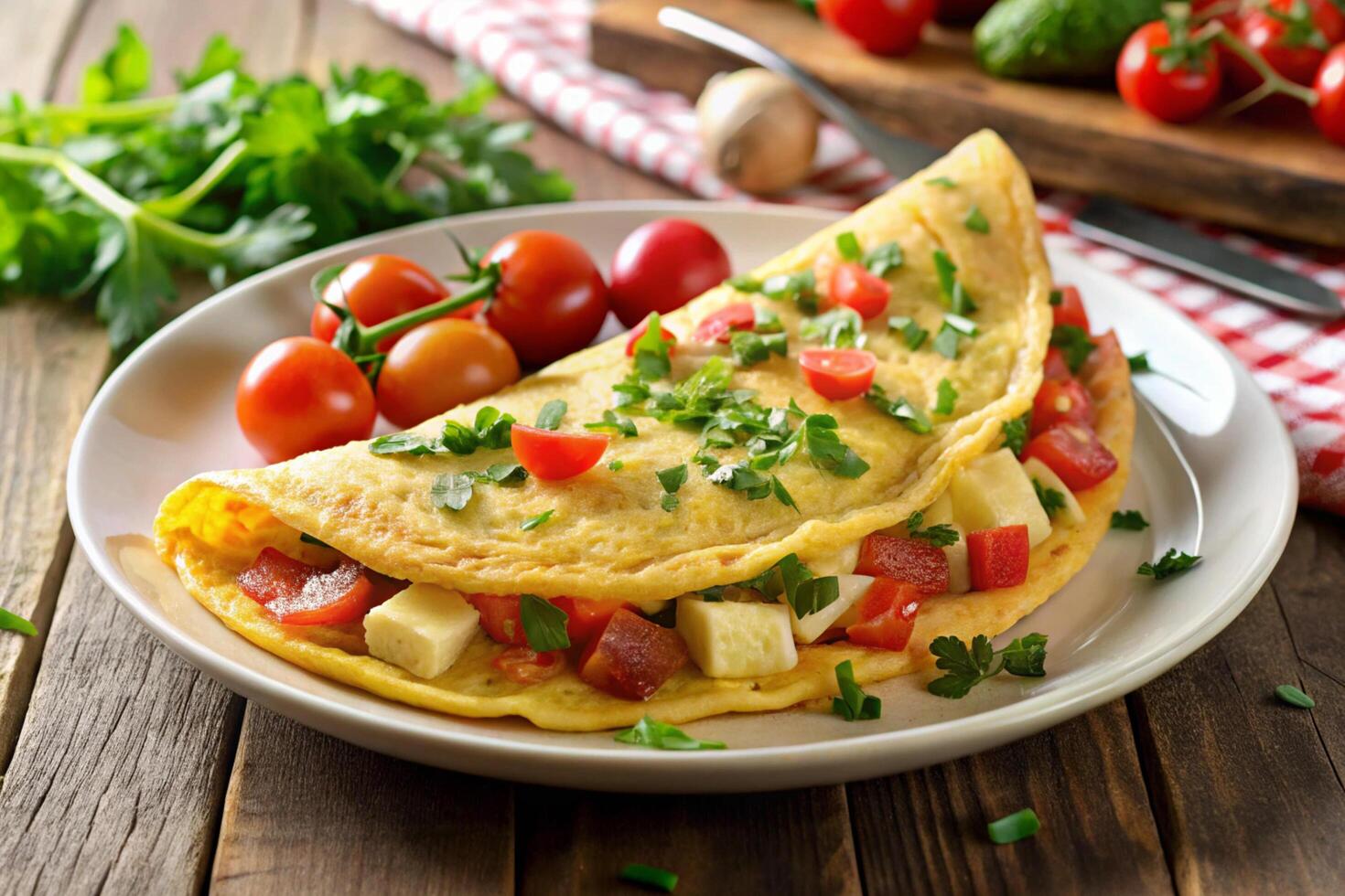 a plate of omelets with tomatoes and cheese photo