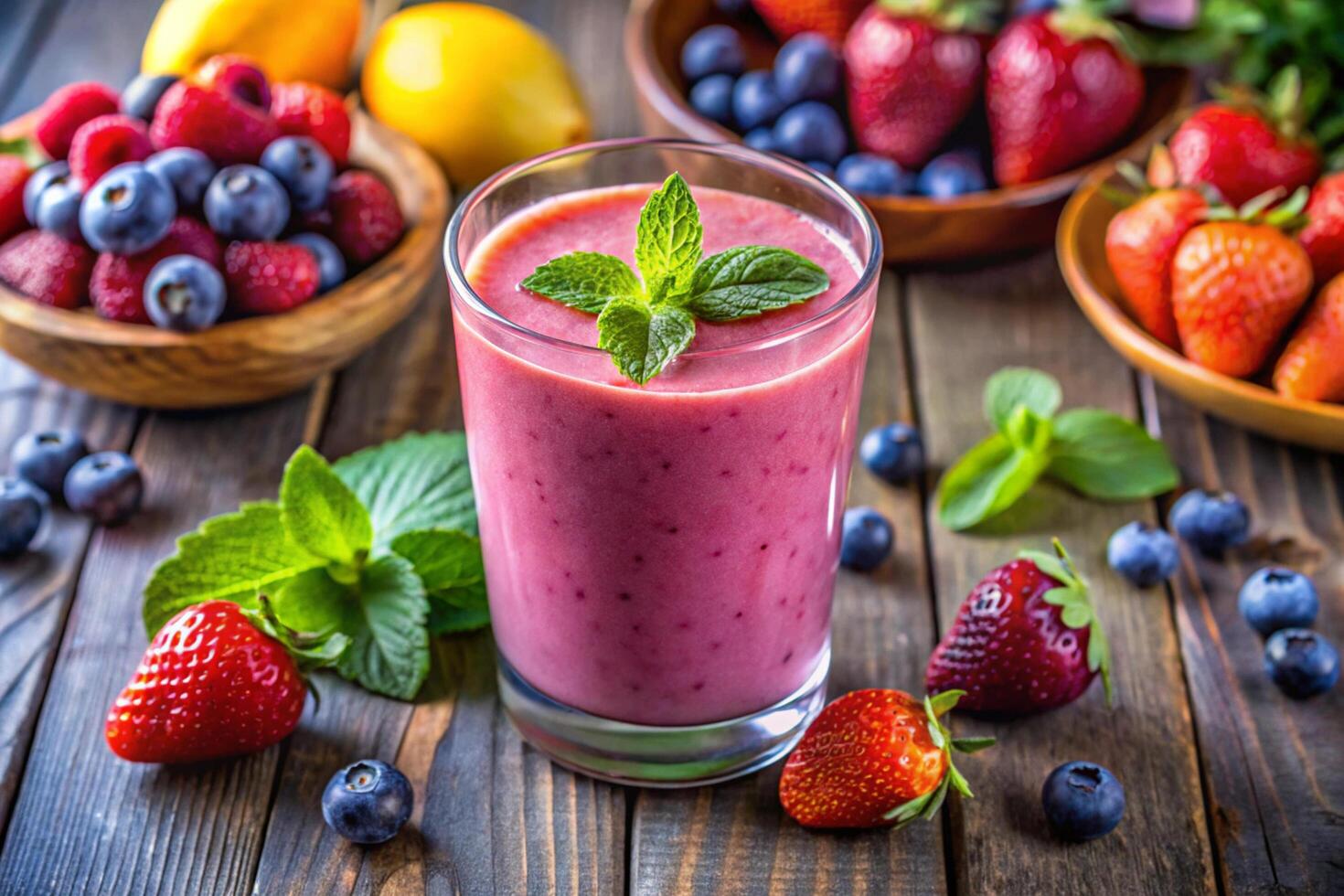 a glass of smoothie with berries and mint leaves photo