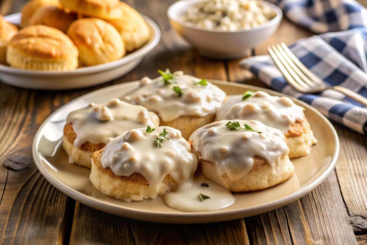 three biscuits covered in gravy and biscuits on a plate photo