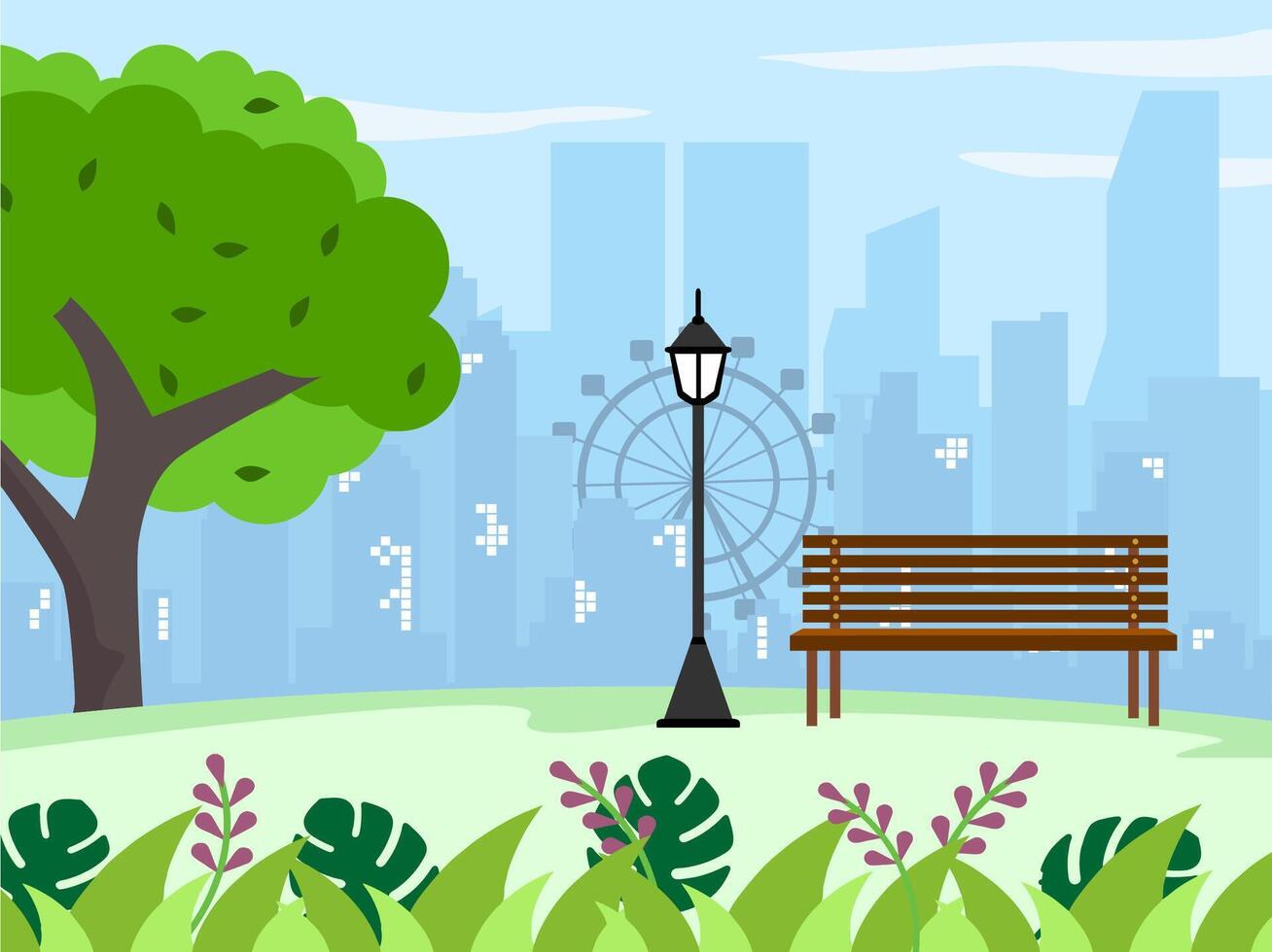 city park with bench and street lamp illustration of a flat style vector