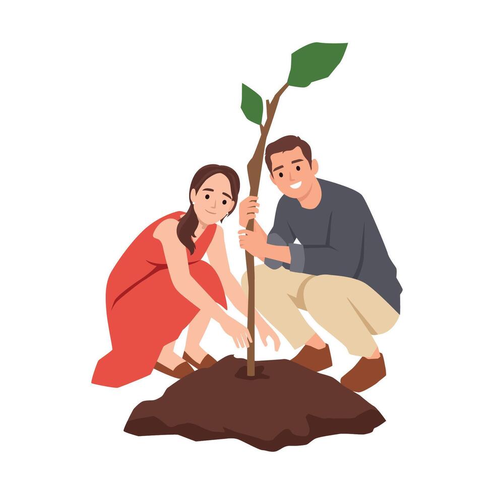 Couple works together to plant a young tree, commitment to nature and the environment. vector