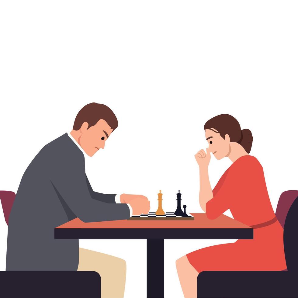 Man and a woman sit across from each other at a table, deeply engaged in a chess match. vector