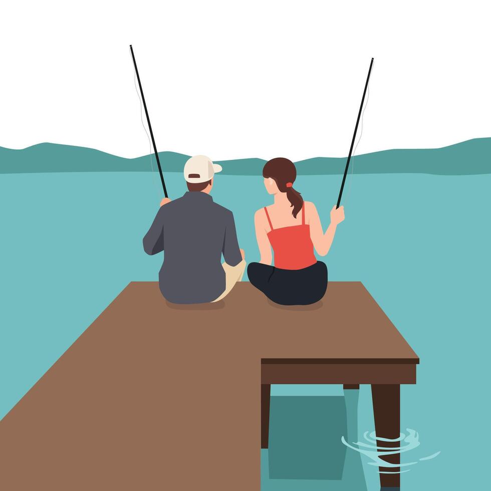 Couple sits on a wooden pier, fishing while surrounded by the calm lake and distant mountain. vector