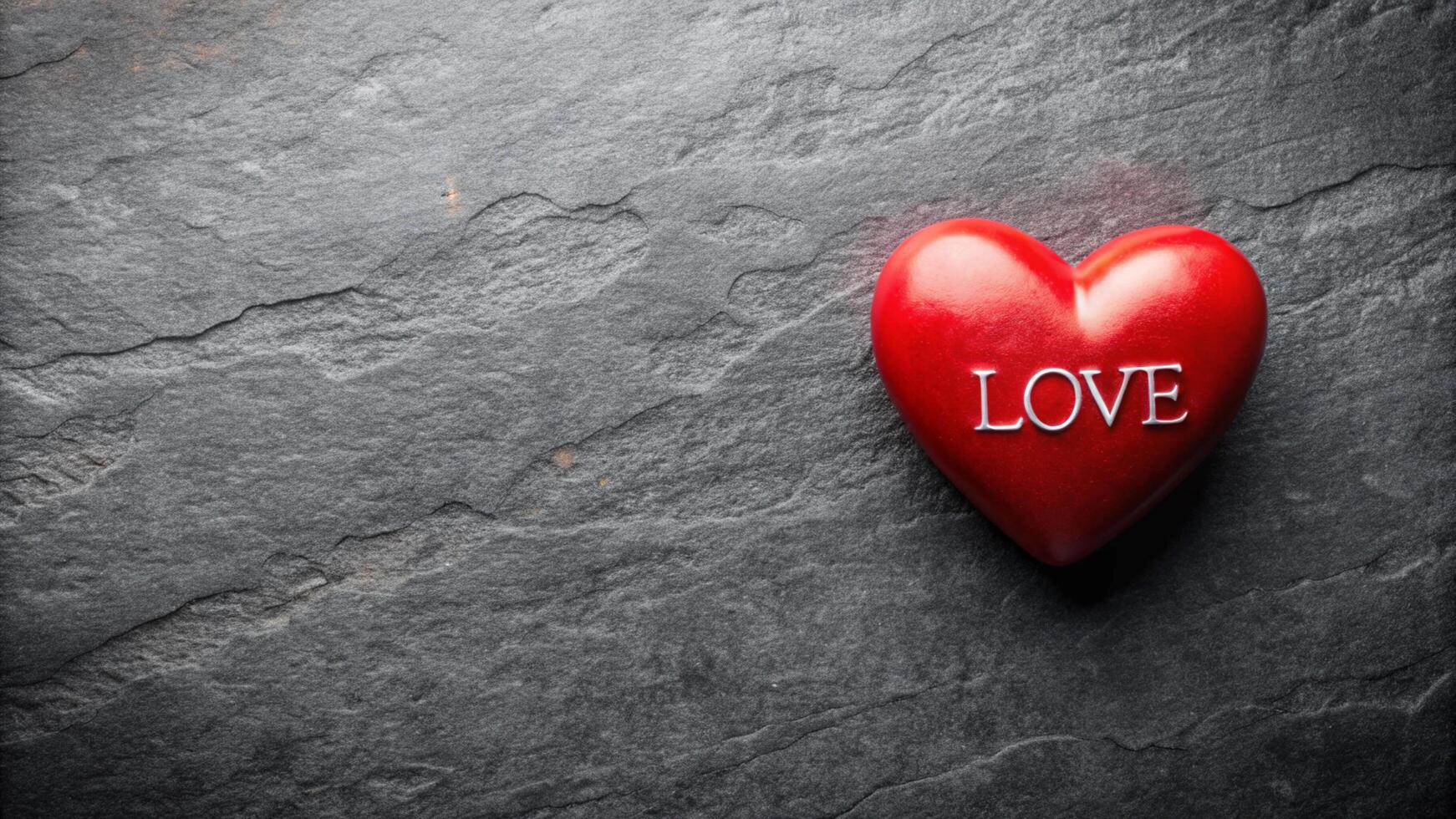 a red heart with the word love written on it on a black background photo