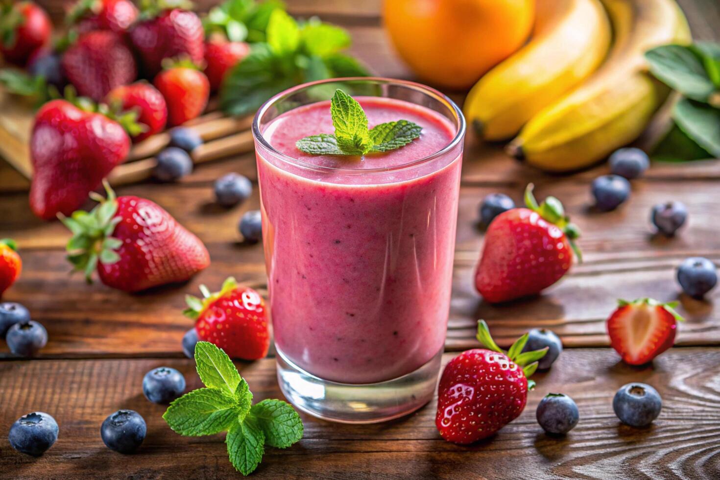 a smoothie with berries and bananas on a wooden table photo