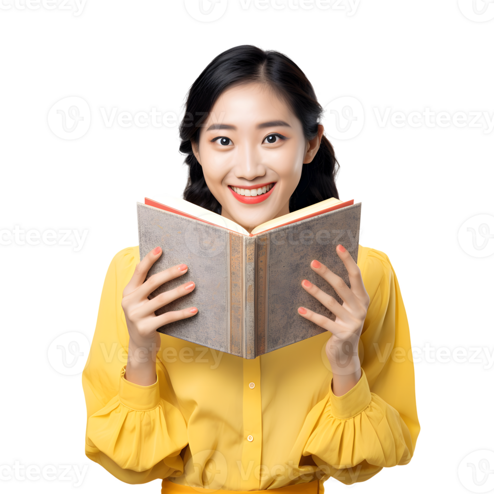 Asian young woman reading or holding a book. isolated AI Generated AI Generated png