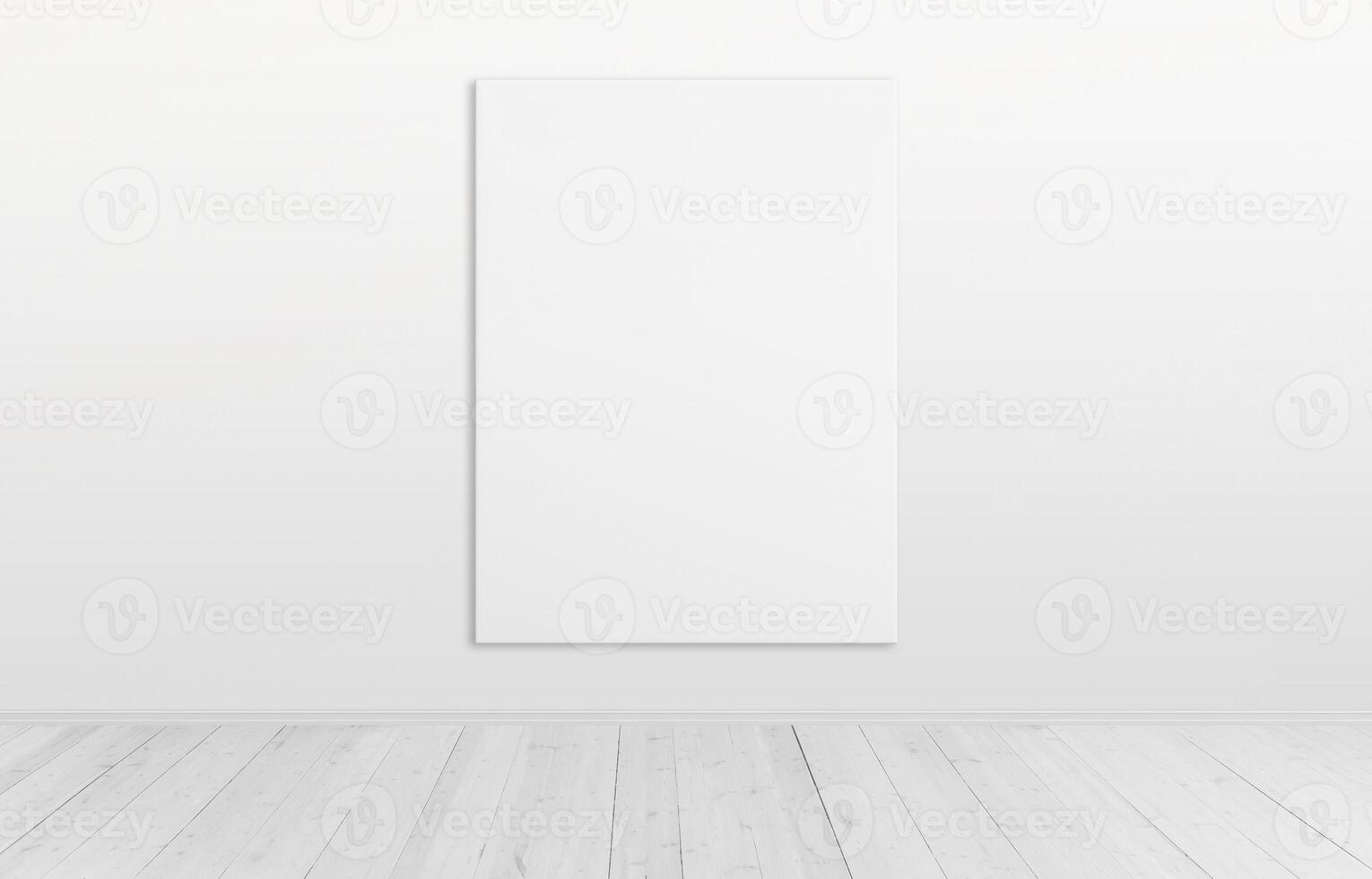 Vertical art canvas on wall in a clean room with wooden floor. Ideal for art canvas mockup and presentation photo