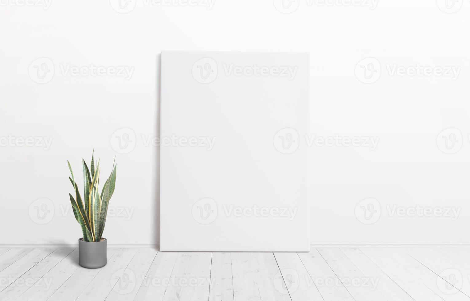 Vertical art canvas against the wall with a plant on the floor and wooden white floor. Clean surface ideal for mockup art presentation photo