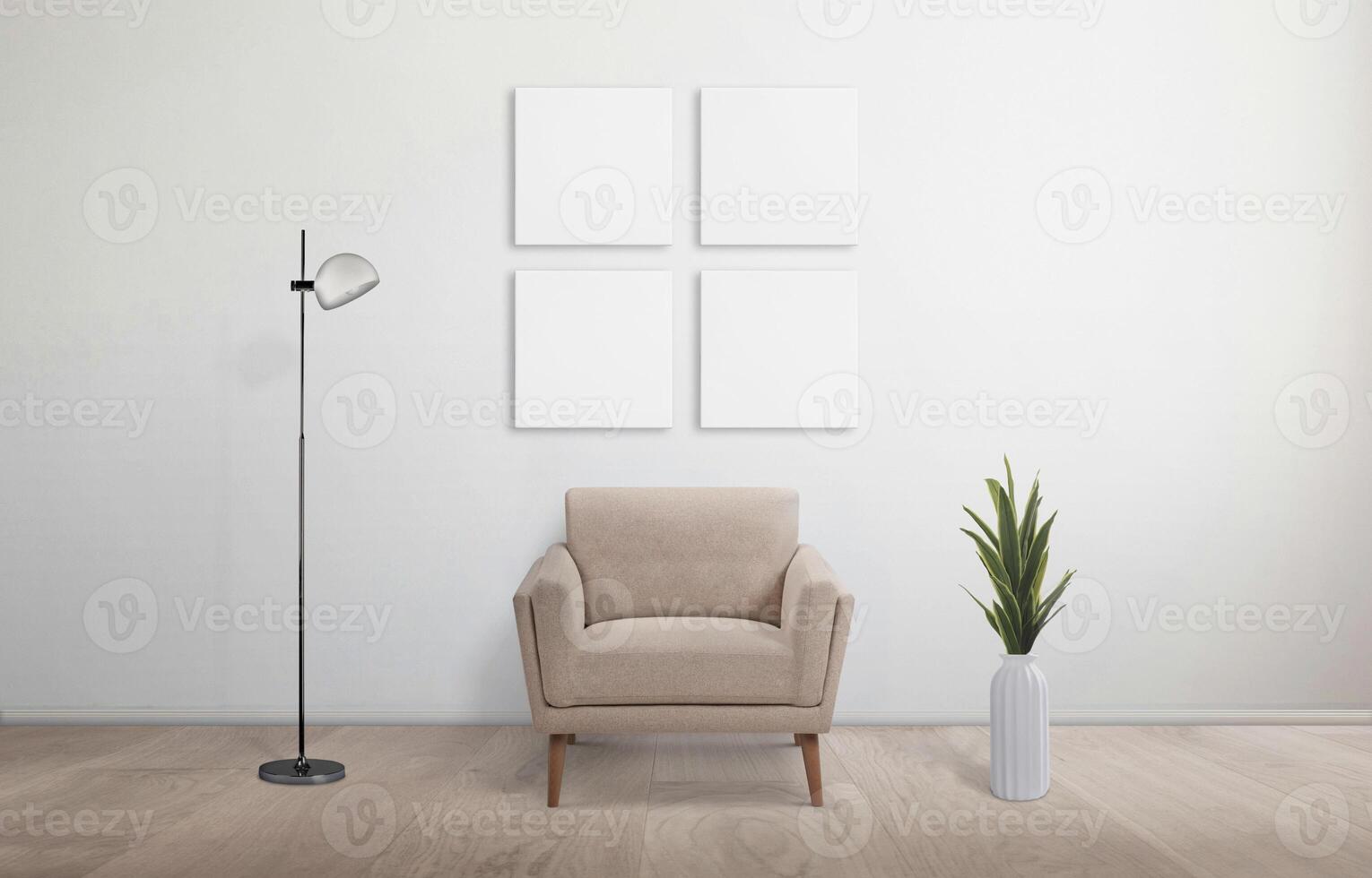 White square art canvas four-piece set on living room wall with chair, plant, and lamp. Ideal for mockup, art design presentation, and enhancing home interior decor photo