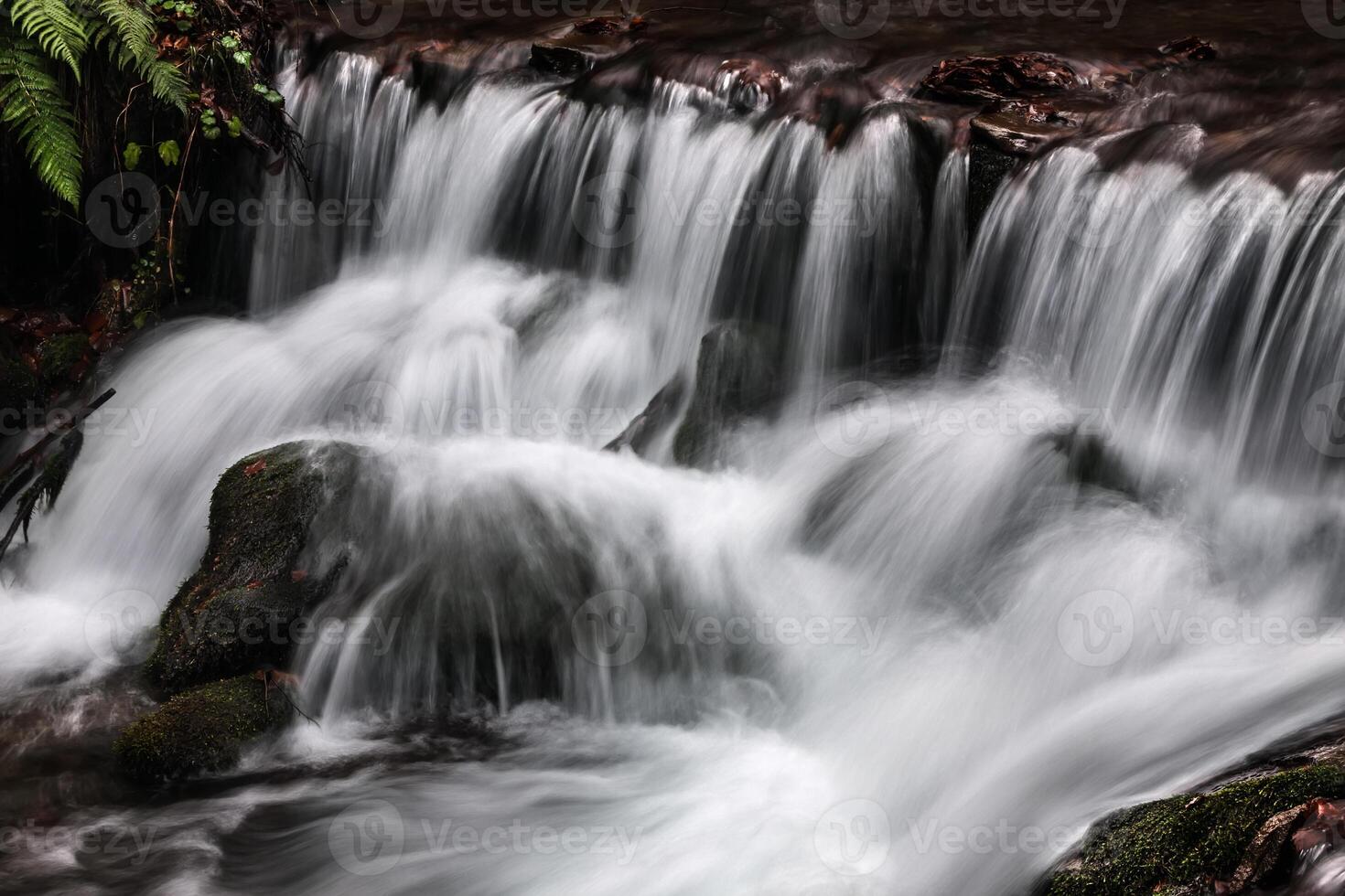 A waterfall in the woods with water flowing over rocks photo
