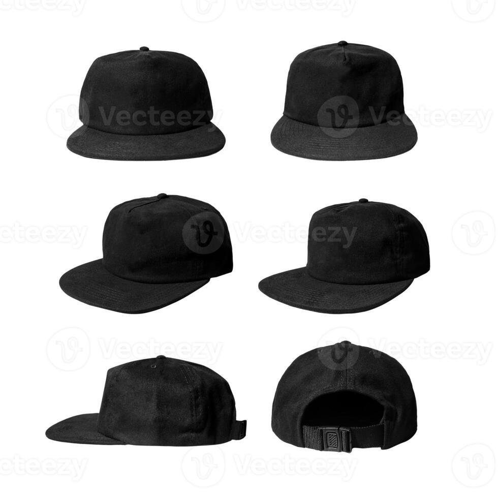 Black snapback caps mockup on a clean background, front and back side. photo
