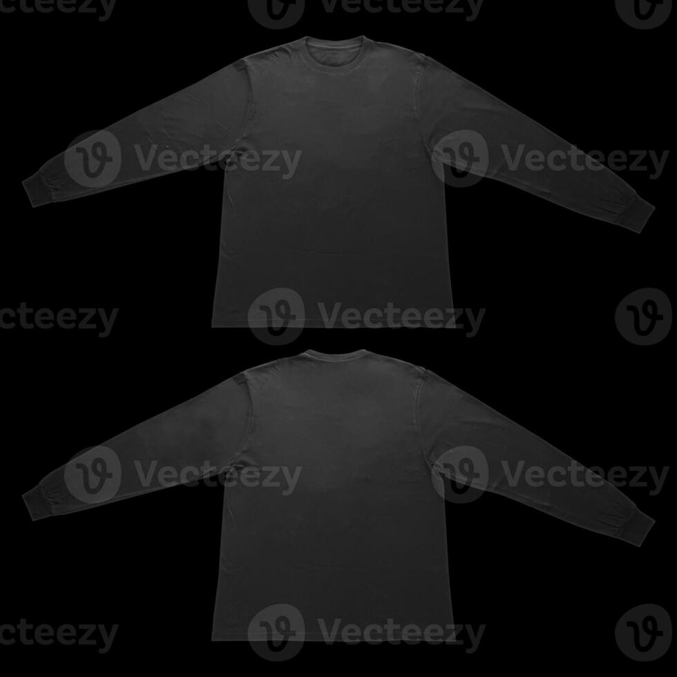 Blank black long sleeve t shirt front and back mockup, isolated on clean background with clipping path. Long sleeve flatlay Template for design and print. photo