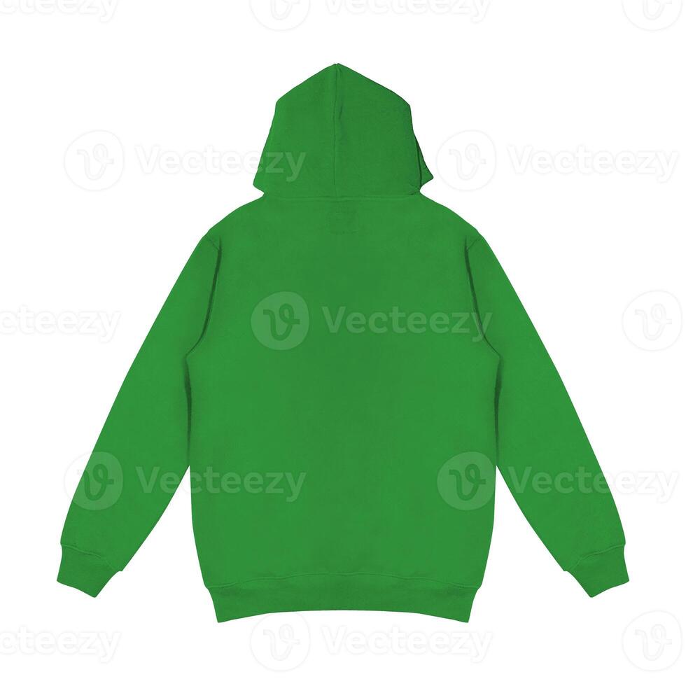 Template blank flat green hoodie. Hoodie sweatshirt with long sleeve flatlay mockup. for design and print. Hoody front and back top view isolated on white background photo