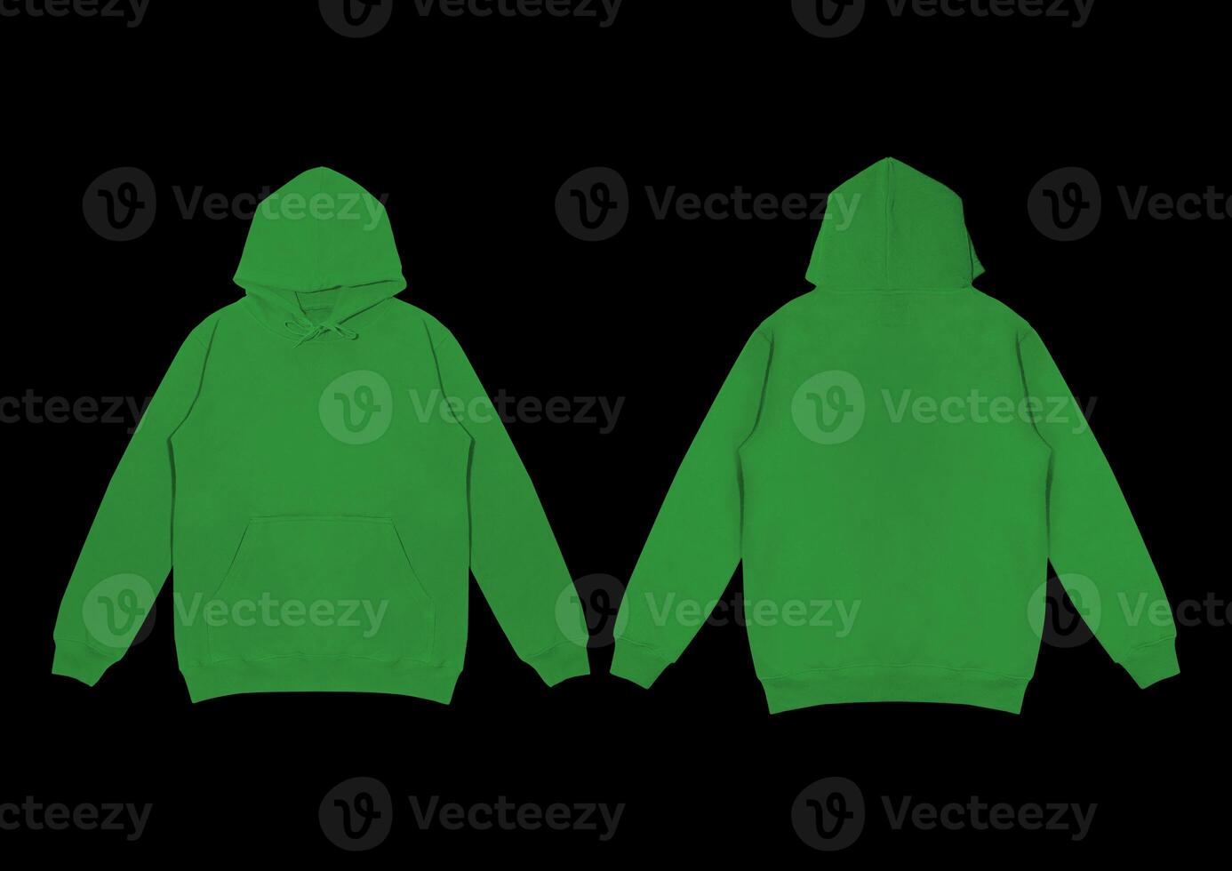 Template blank flat green hoodie. Hoodie sweatshirt with long sleeve flatlay mockup. for design and print. Hoody front and back top view isolated on white background photo