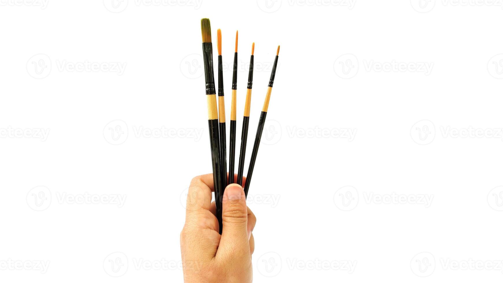 Different brushes with paints on white background photo
