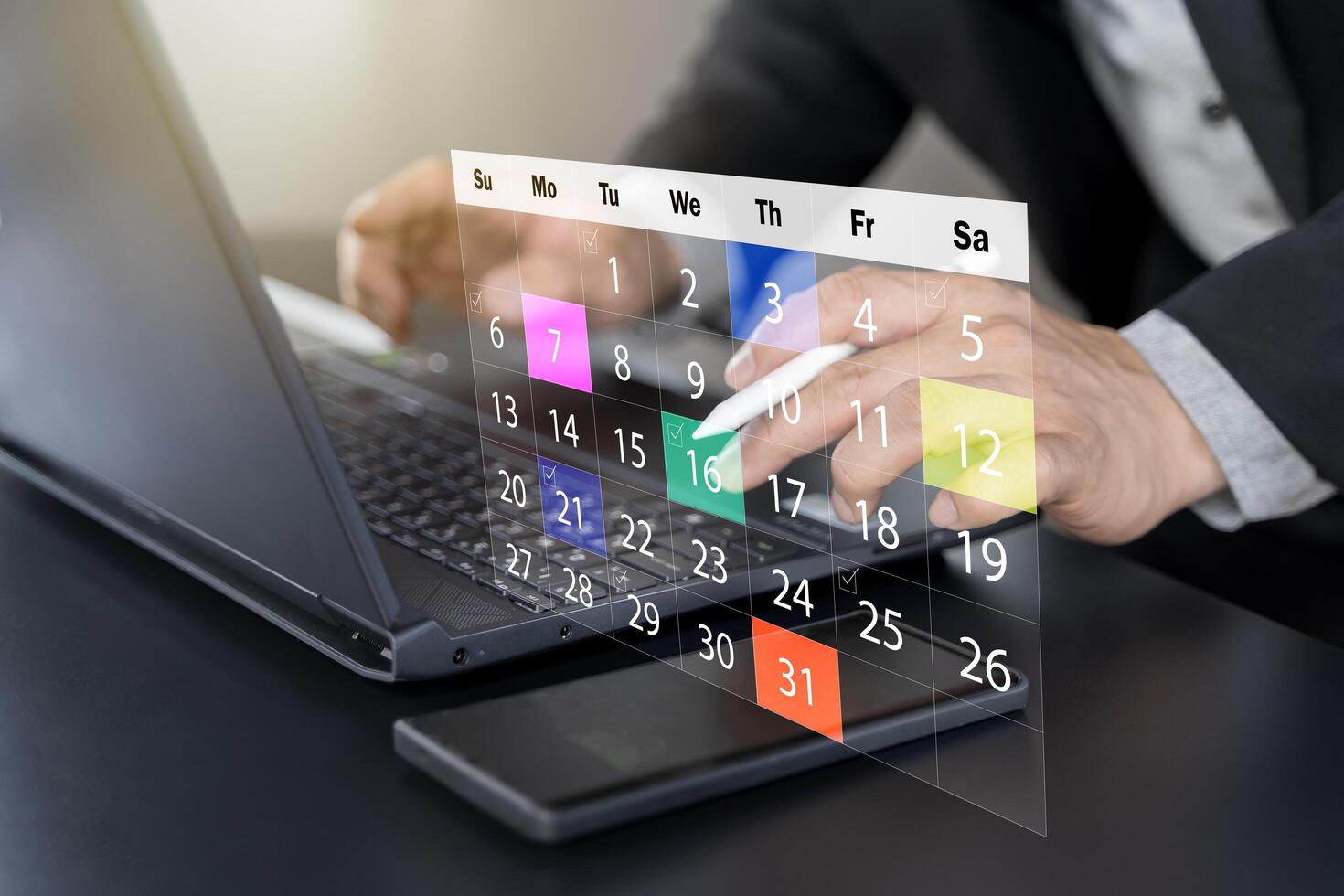 Time management concept. Businessman manages time for effective work. Calendar on the virtual screen interface. photo