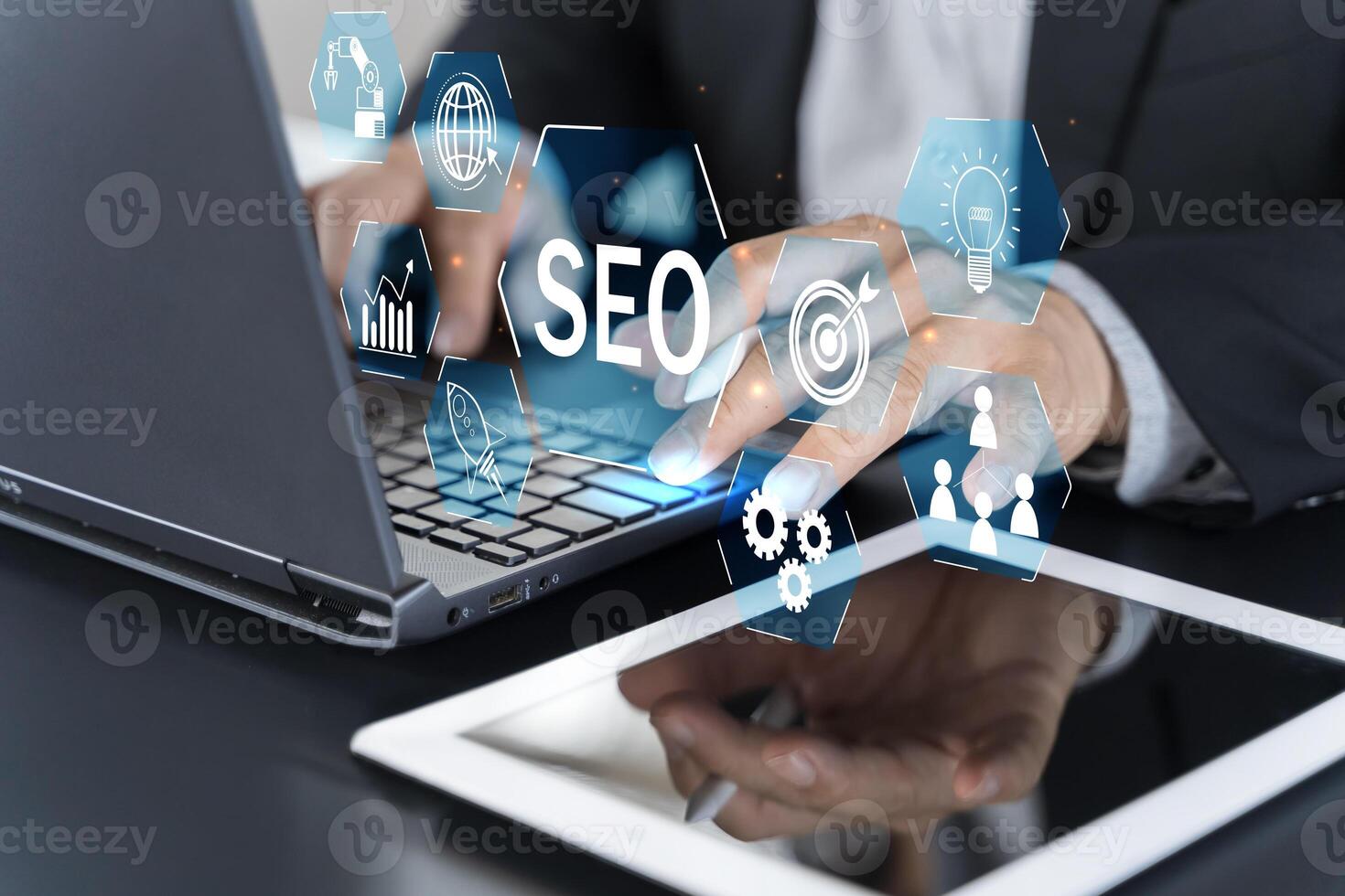 Businessman use laptop to analyze SEO search engine optimization for promoting ranking traffic on website photo