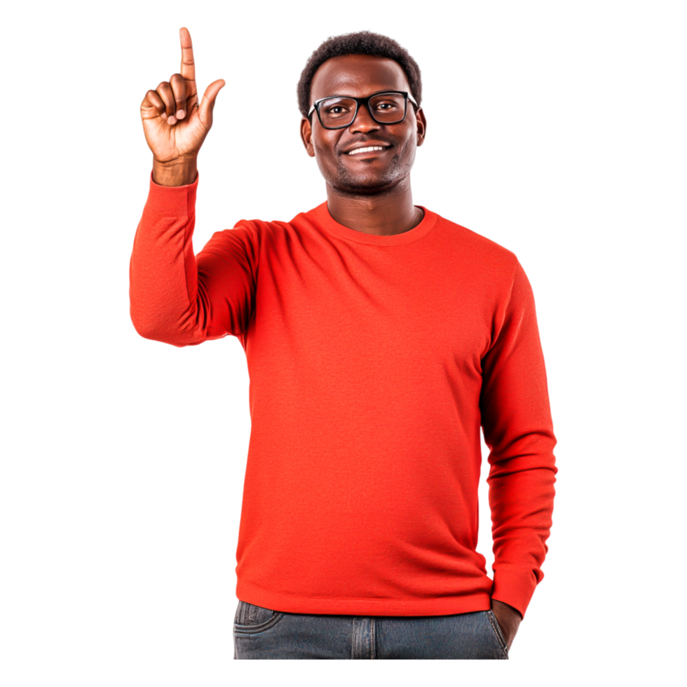 Smiling man in red sweater pointing up with cheerful expression png