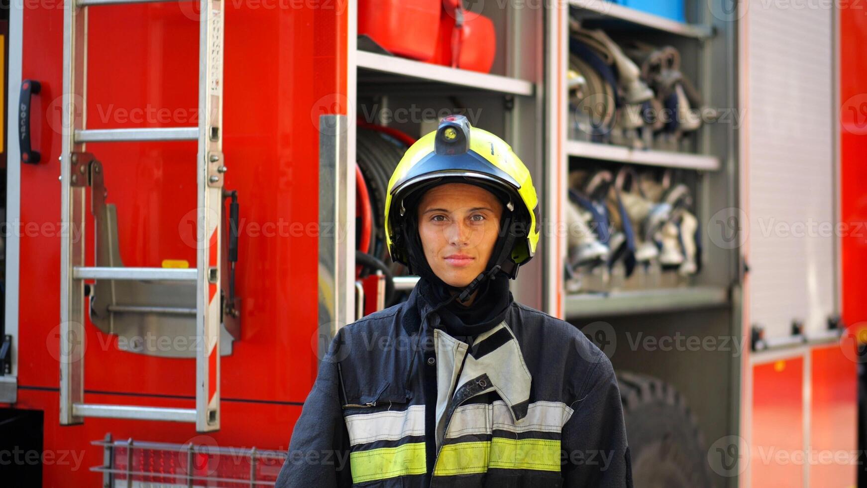 Portrait of confident female firefighter against the background of big red truck. Young firewoman in protective uniform looking at camera near a fire engine. Saving lives and heroic profession concept photo