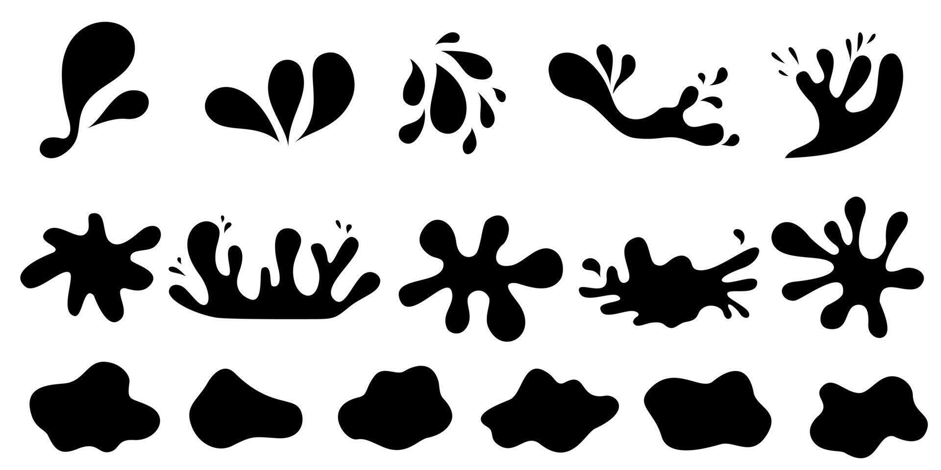 Splash silhouette with droplets. Water drops shapes, liquid burst splashes and ink blot hand drawn set of silhouette droplet, drop liquid illustration vector