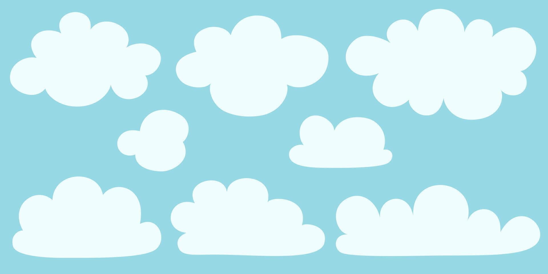 Flat cloud. Simple cloudy shapes. Cartoon white puffy, fluffy and cumulus clouds in blue sky. Abstract comic weather elements. Objects cloudscape for game. vector