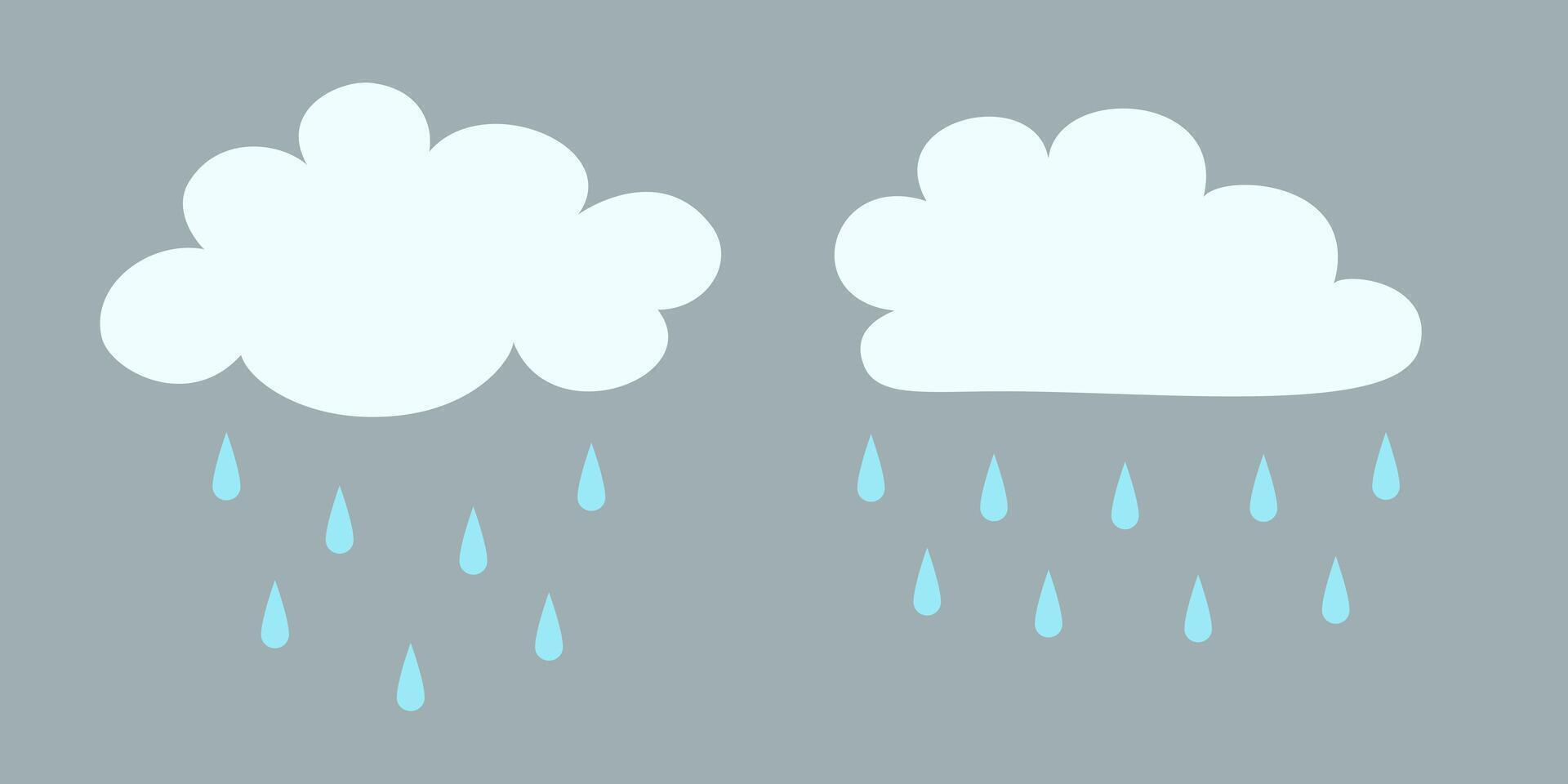 Flat rainy cloud. Cartoon white puffy, fluffy and cumulus clouds in blue sky. Abstract comic weather elements. Objects cloudscape for game. vector