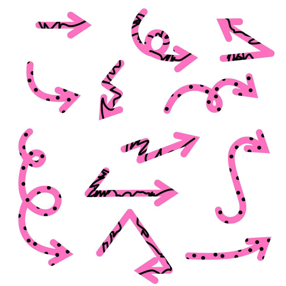 Hand drawn arrow icon set. Sketch arrow design for business plan and education. Set of pink arrows icons. Circle arrows, rotate arrow, redo process symbol. vector