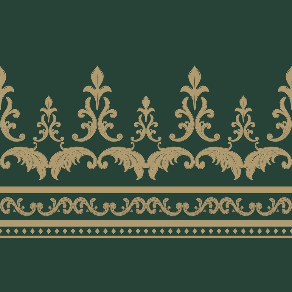 Elegance Rich Border Pattern Lace. Inspired from Nature Seamless Design. Golden Silk Weaves Embroidery with Ornament Scroll, Leaves, Fleur de lis, rim, hand draw, geometric combine. Ikat, batik, rug vector