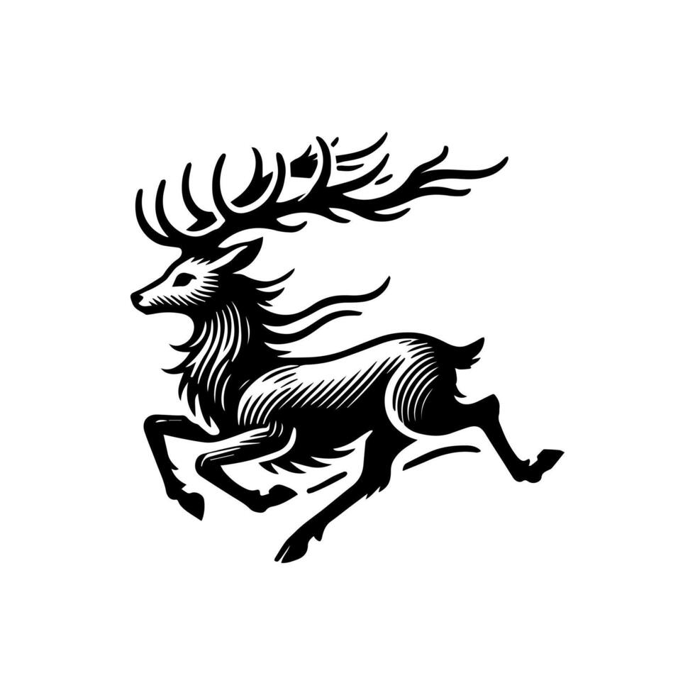 A black and white deer running with its antlers vector