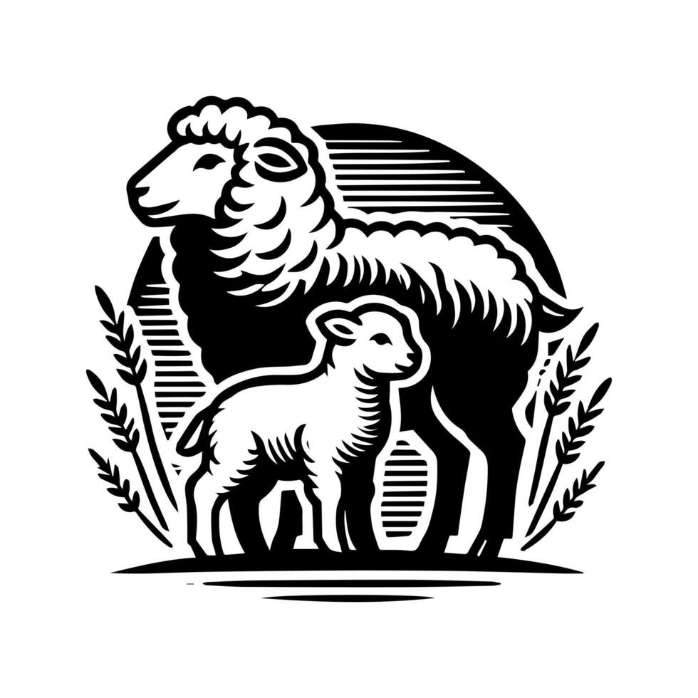 Sheep and lamb in a field with wheat vector