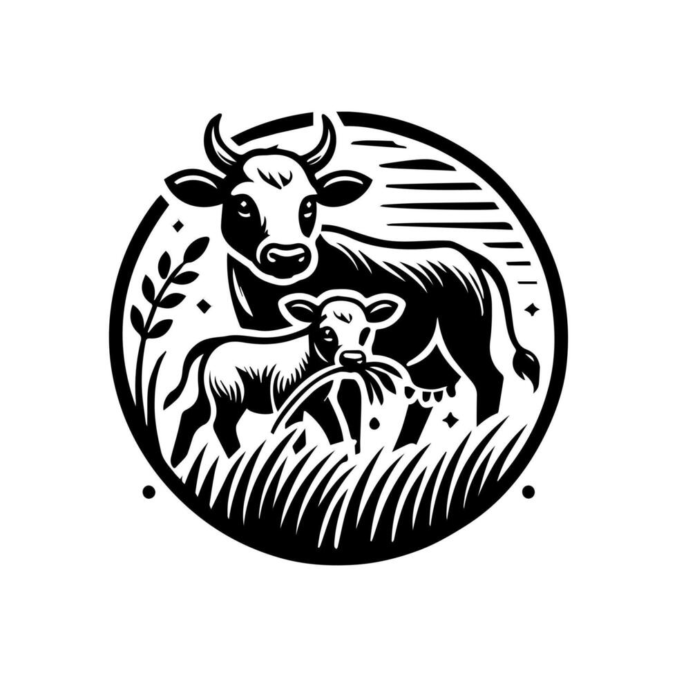 A cow and calf in a circle with a black and white background vector