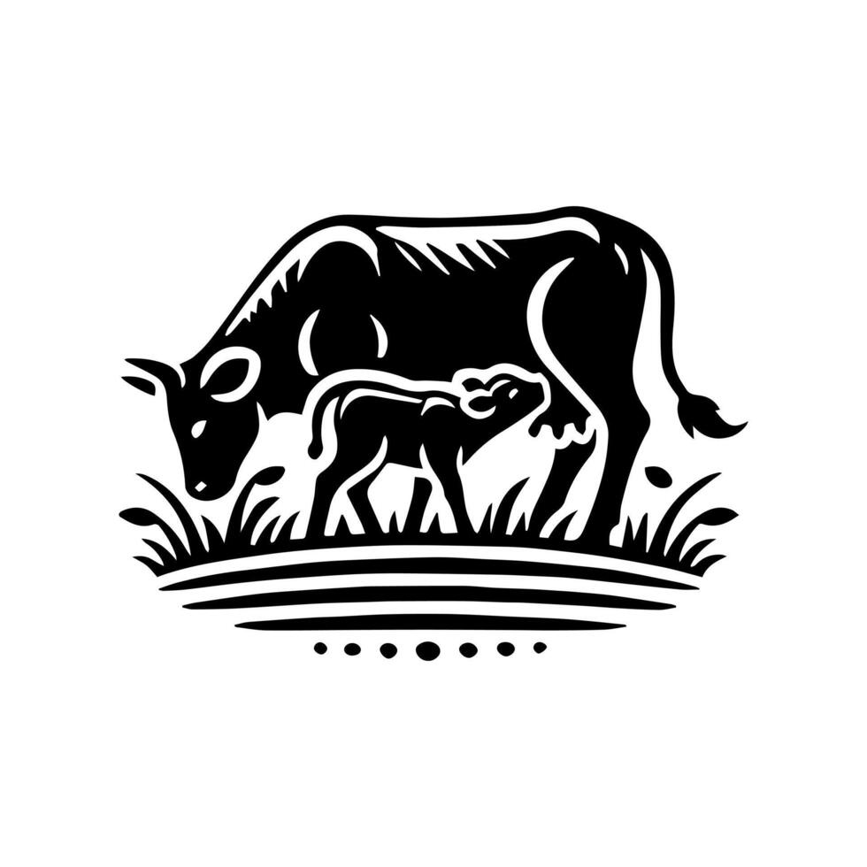 A black and white logo of a cow and calf vector