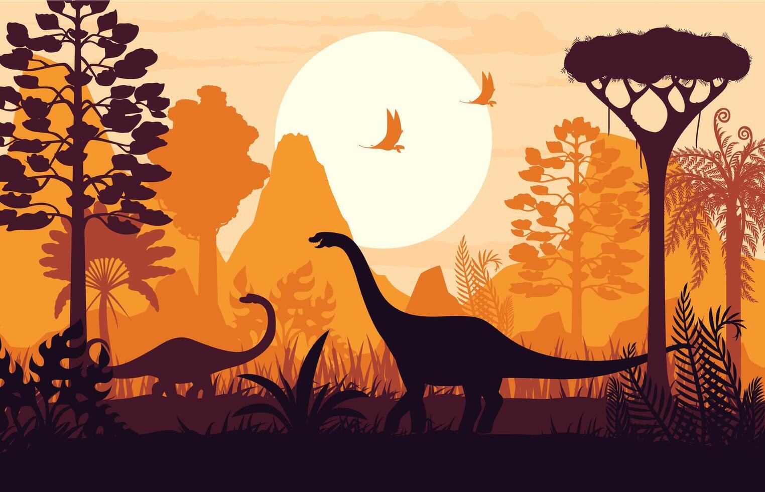 Prehistoric dinosaurs and jungle sunset silhouette vector