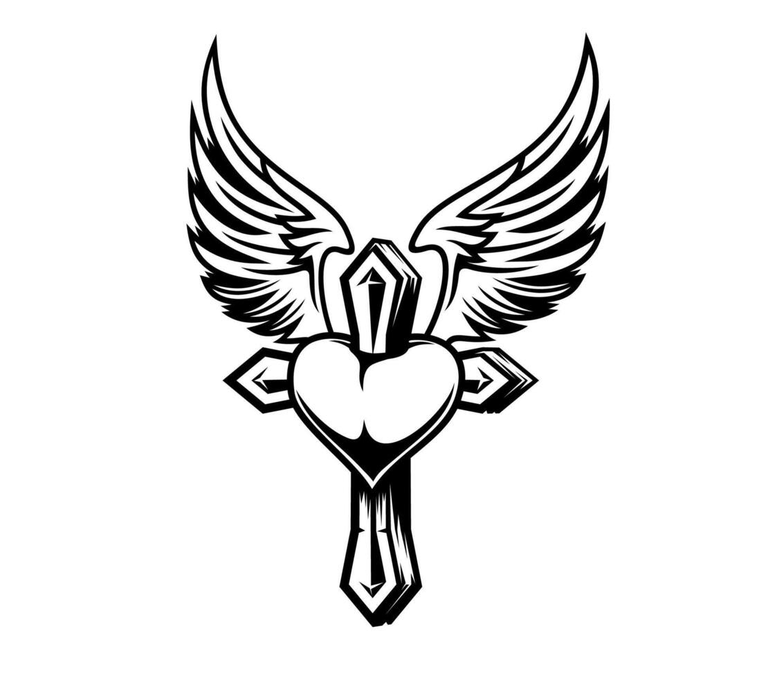 Christianity cross tattoo with heart and wings vector