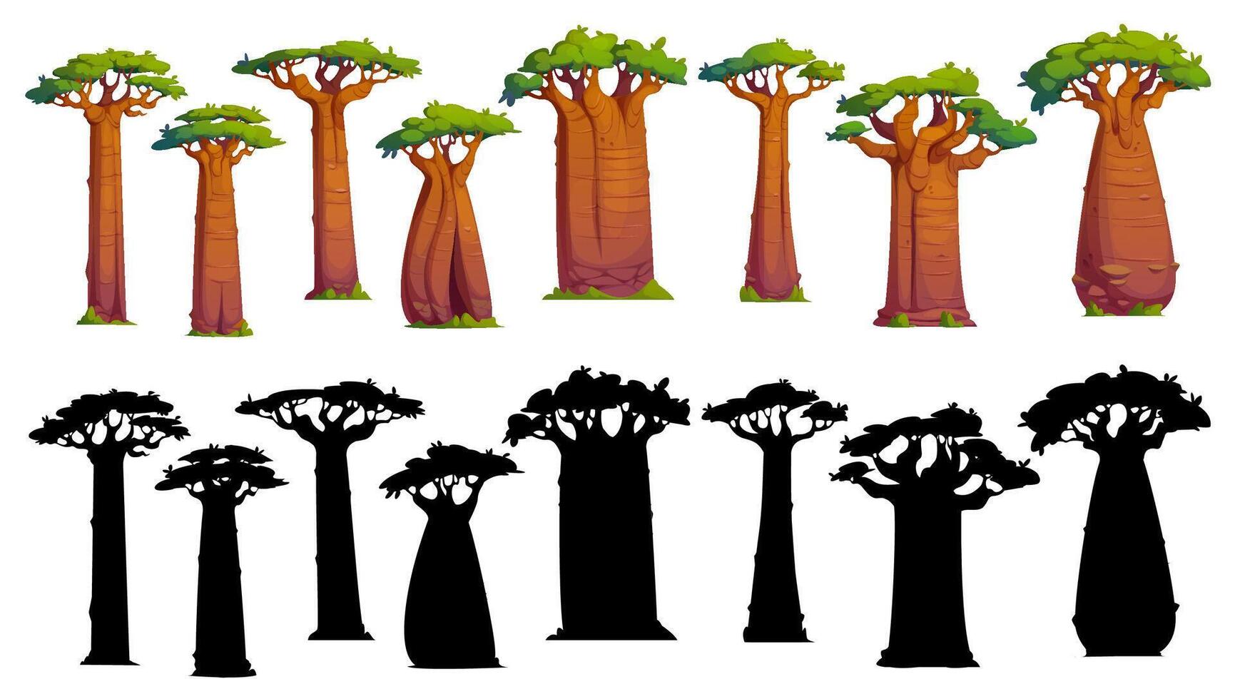 Cartoon baobab trees and adansonia silhouettes vector