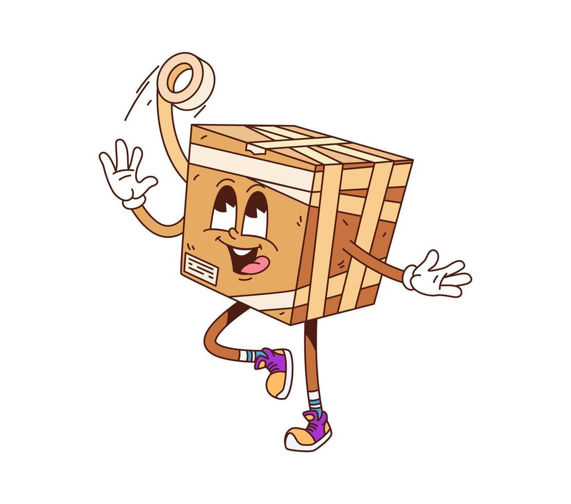 Cartoon groovy delivery box character wrapping vector