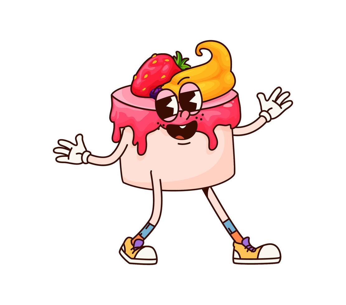 Groovy breakfast cake dessert cheerful character vector