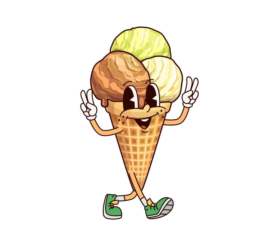 Cartoon ice cream cone groovy summer character vector