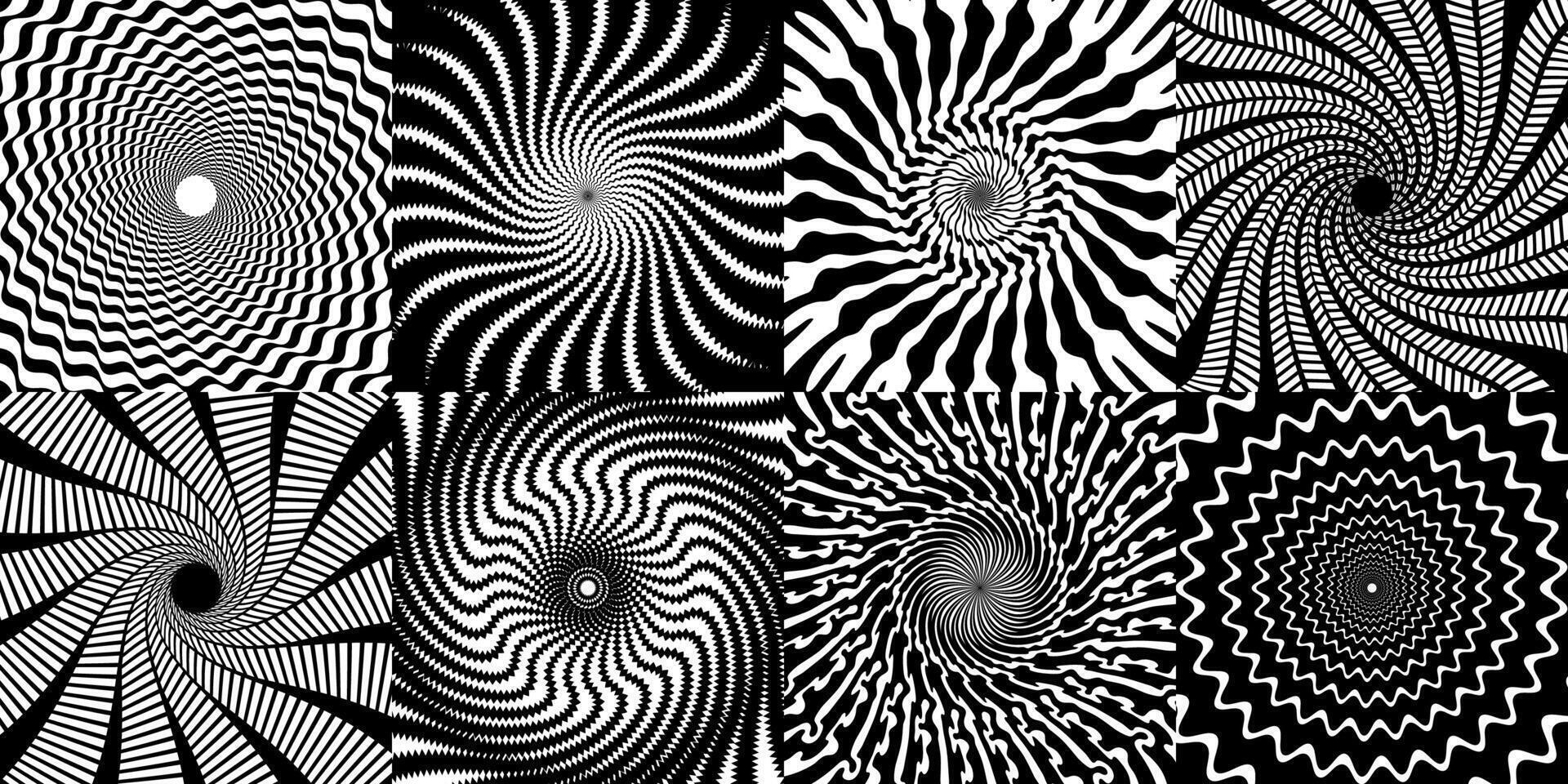 Psychedelic hypnotic spiral patterns, swirl effect vector