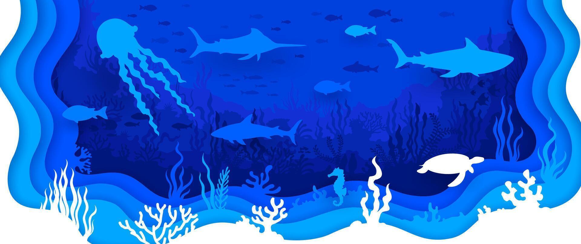 Paper cut landscape with sea animals vector