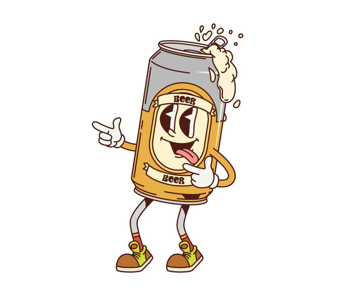 Cartoon retro groovy beer can funny character vector