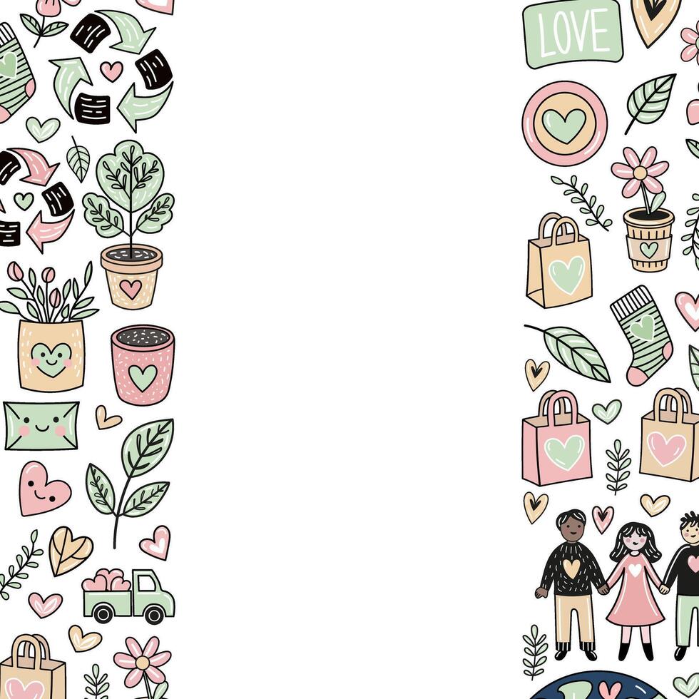 Eco heart vertical border with sustainability and love elements vector