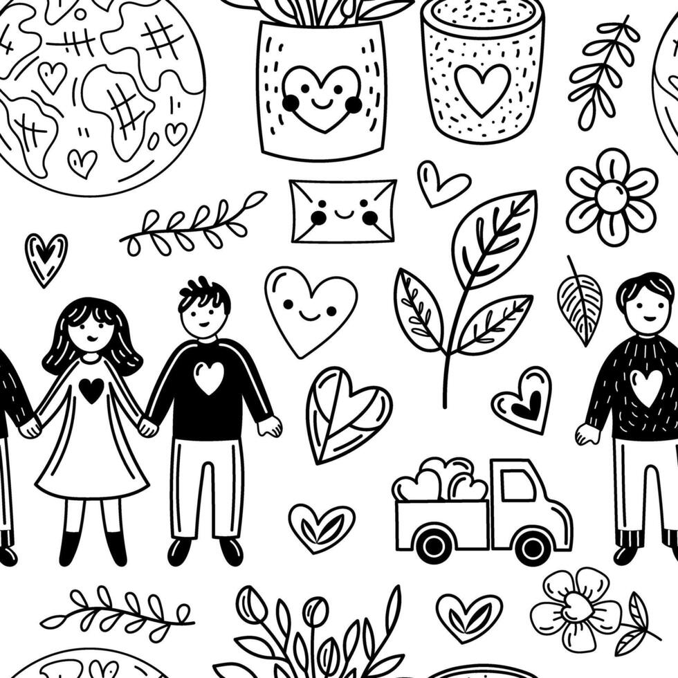 Seamless background featuring eco doodles hearts earth and plants vector