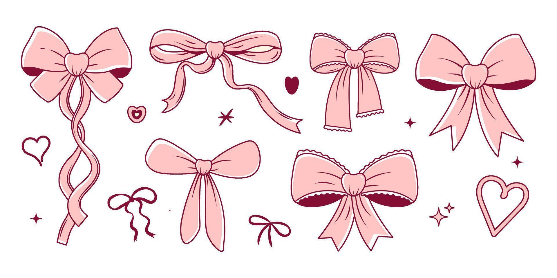 Set hand drawn coquette pink bow, ribbon, heart. Cute girly design for Valentines day, wedding, birthday, party, branding. Vintage illustration on transparent background vector
