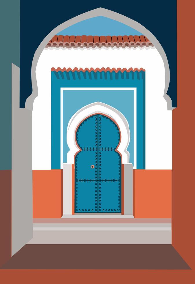 Marrakech, Morocco travel destination poster in retro style with arch oriental door vector