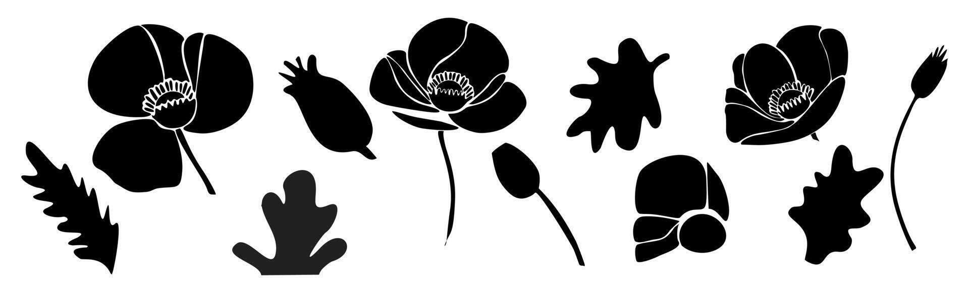 Silhouettes of abstract poppy flowers and leaves set. vector