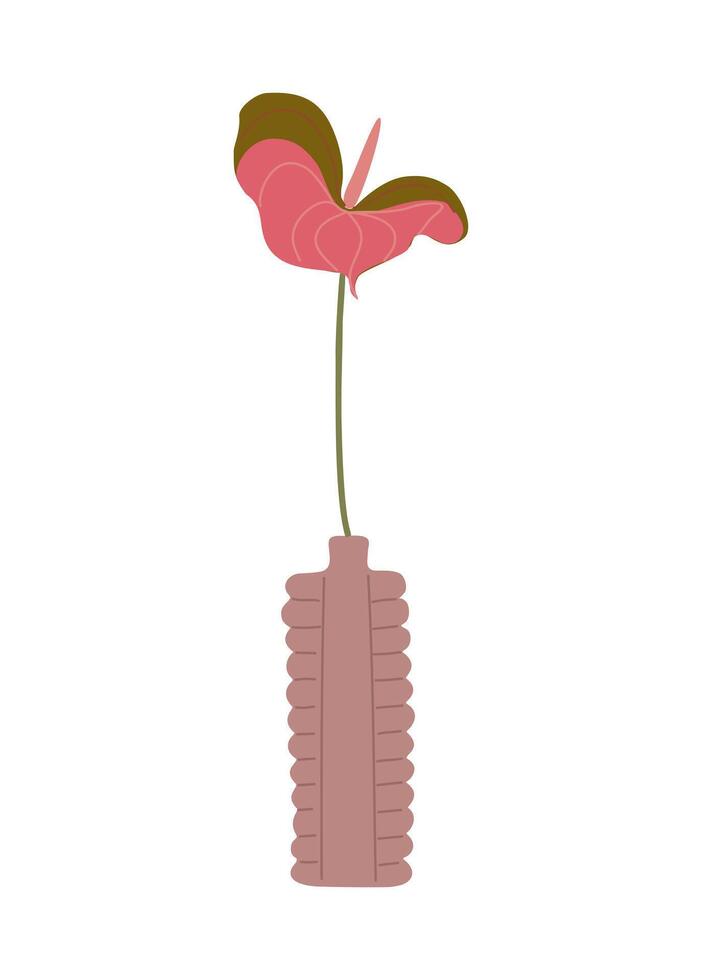 A pink flower is in a vase. The flower is the main focus of the image. The vase is pink and has a unique design vector