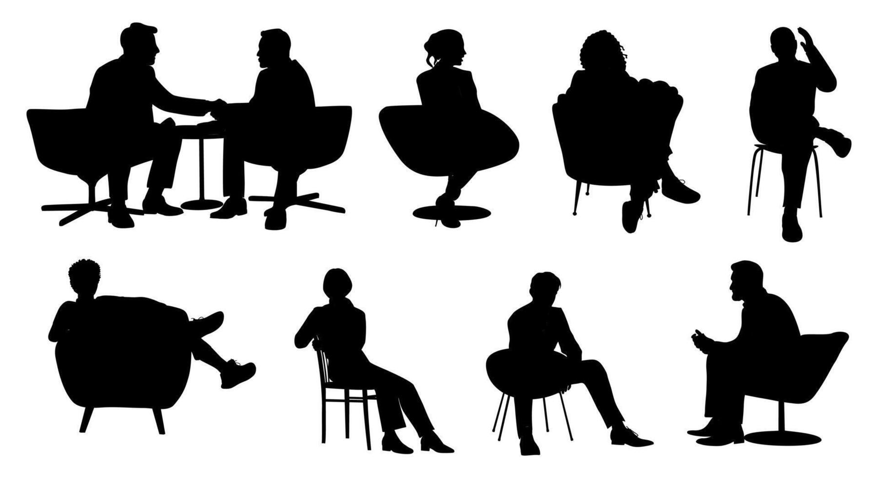 Set of silhouettes of people sitting in chairs and couches. Scene is relaxed and casual. vector