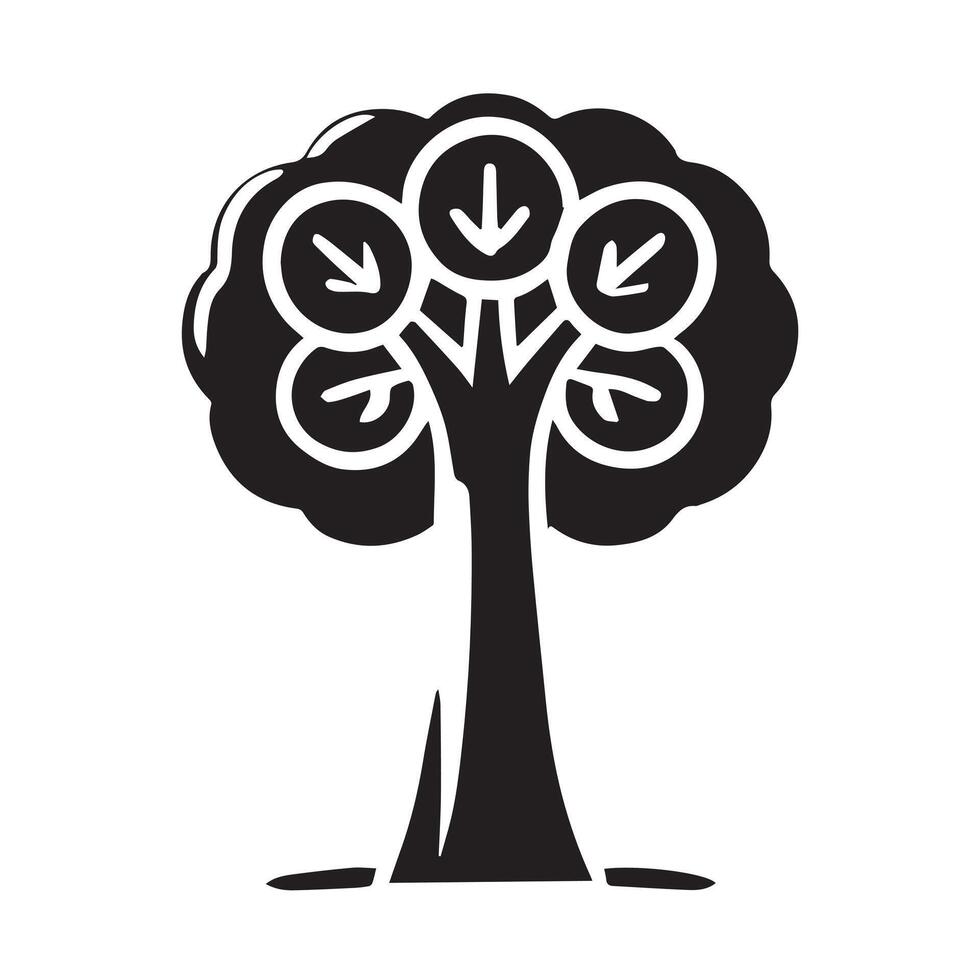 A symmetrical, stylized graphic of a tree, featuring a circular crown of leaves and a thick, flowing trunk. vector
